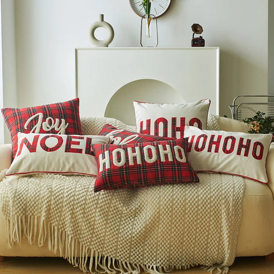 Christmas Print Embroidered Letter Cushion Cover Red And Green Plaid Fabric Home Decorative Pillowcase American Style