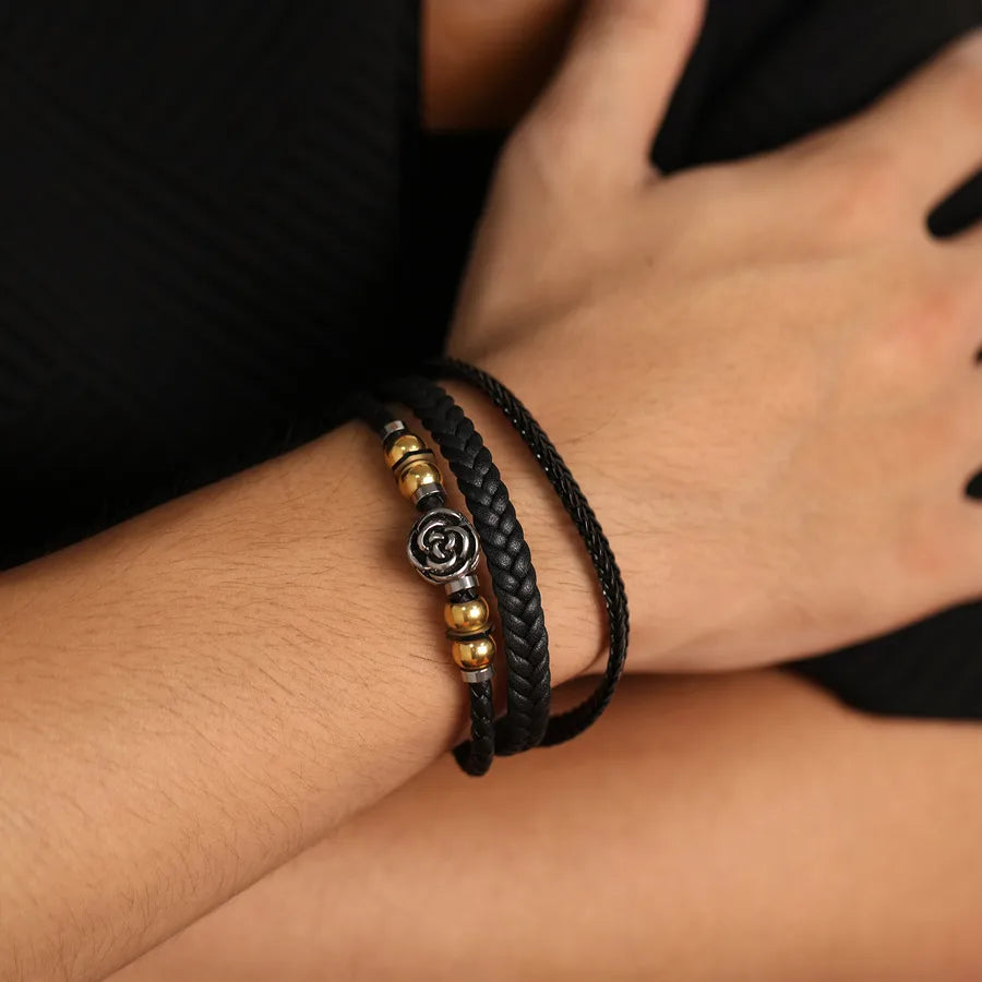 Retro Color Block 304 Stainless Steel Pu Leather Handmade Men's Bangle