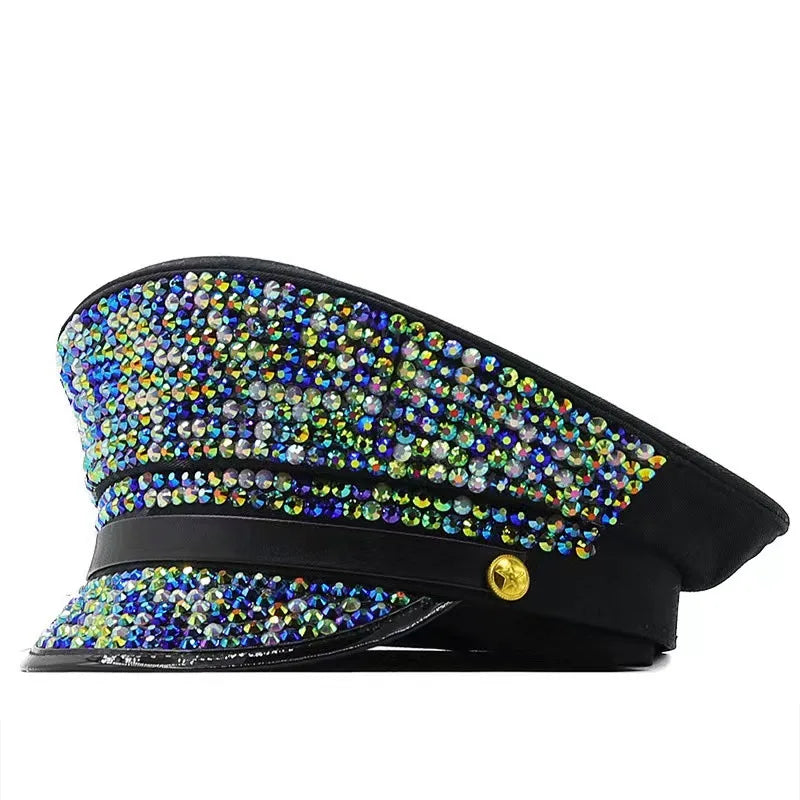 women's retro shiny solid color sequins rhinestone flat eaves ivy cap