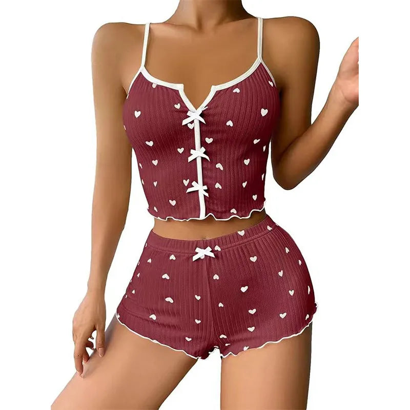 New Product Heart-shaped Printed Contrast Home Clothes Front Split Sling Pajamas suit