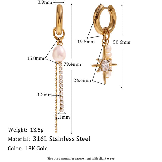 1 Pair 316L Stainless Steel Freshwater Pearl Star Drop Earrings