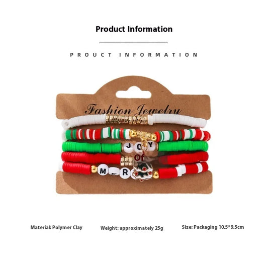Handmade Christmas Letter Color Block Soft Clay Beaded Bracelet Festival Gift Women's Handmade Wristband Geometric Pattern