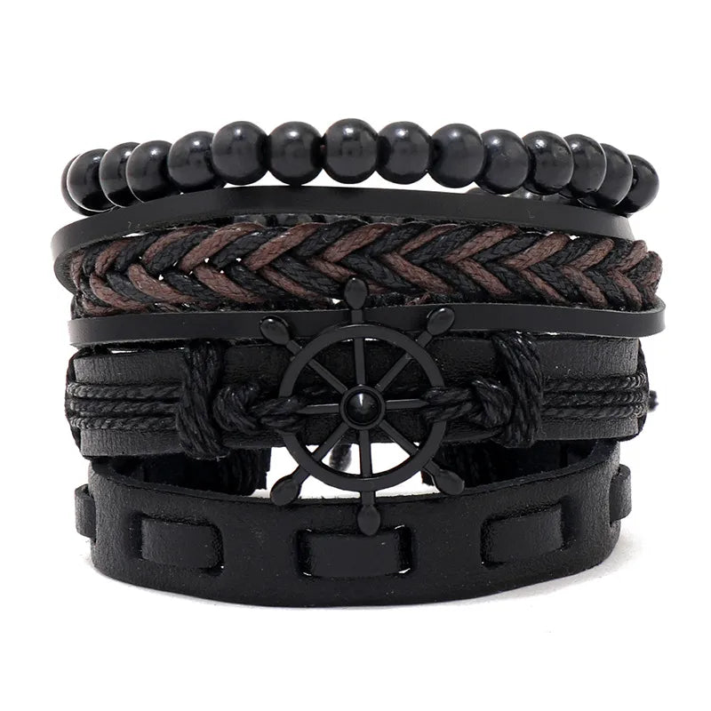 fashion cross letter pu leather beaded unisex bracelets 4 pieces