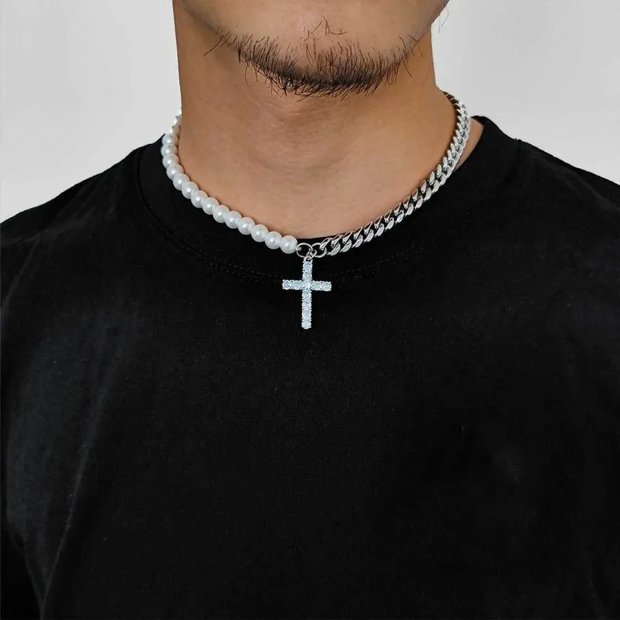hip-hop cross stainless steel imitation pearl copper inlay zircon men's pendant necklace