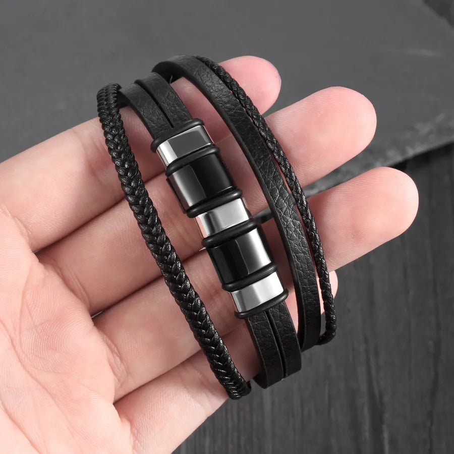 Hip-Hop Punk Geometric 304 Stainless Steel Leather rope Layered Braid Men's Bracelets