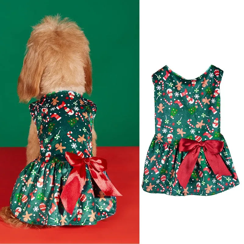 Christmas Print Butterfly Bowknot Ribbon Dress Princess Style Dog Skirt Teddy Costume Pet Clothes Hot Sale