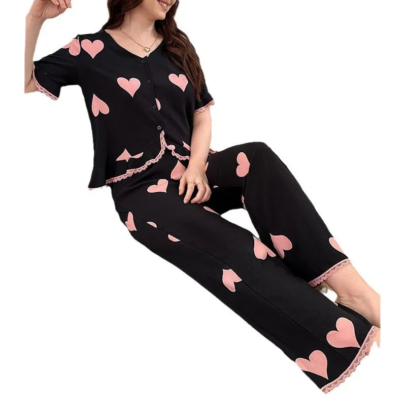 Women's Round Neck Cardigan Sleepwear Set Spring Summer New Style European Fashion High Sensation Heart Print Long Pants Home Clothes