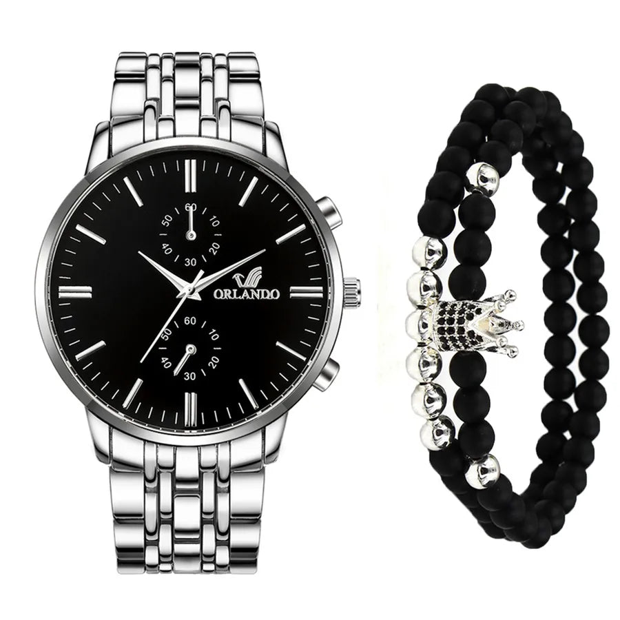 Crown Double Side Snaps Quartz Men's Watches & Bracelet Set