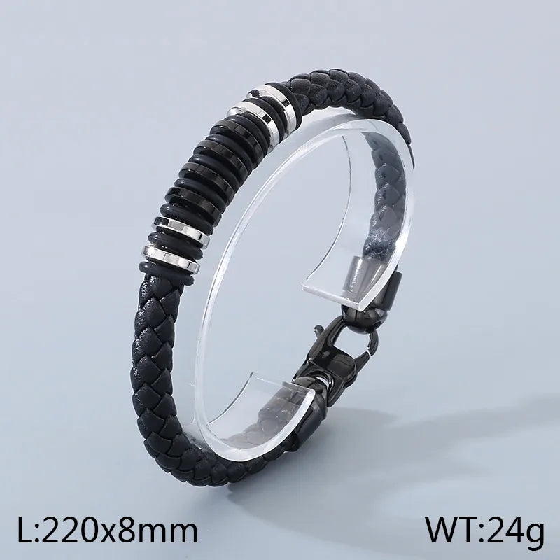 Business Geometric 304 Stainless Steel 18K Gold Plated Men's Bangle Men Cord & Leather Bracelets