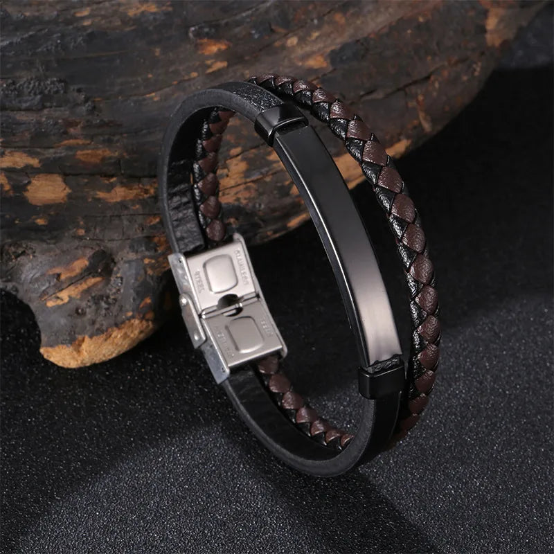 Retro Punk Geometric 304 Stainless Steel Pu Leather Plating Men's Bracelets Men Cord & Leather Bracelets