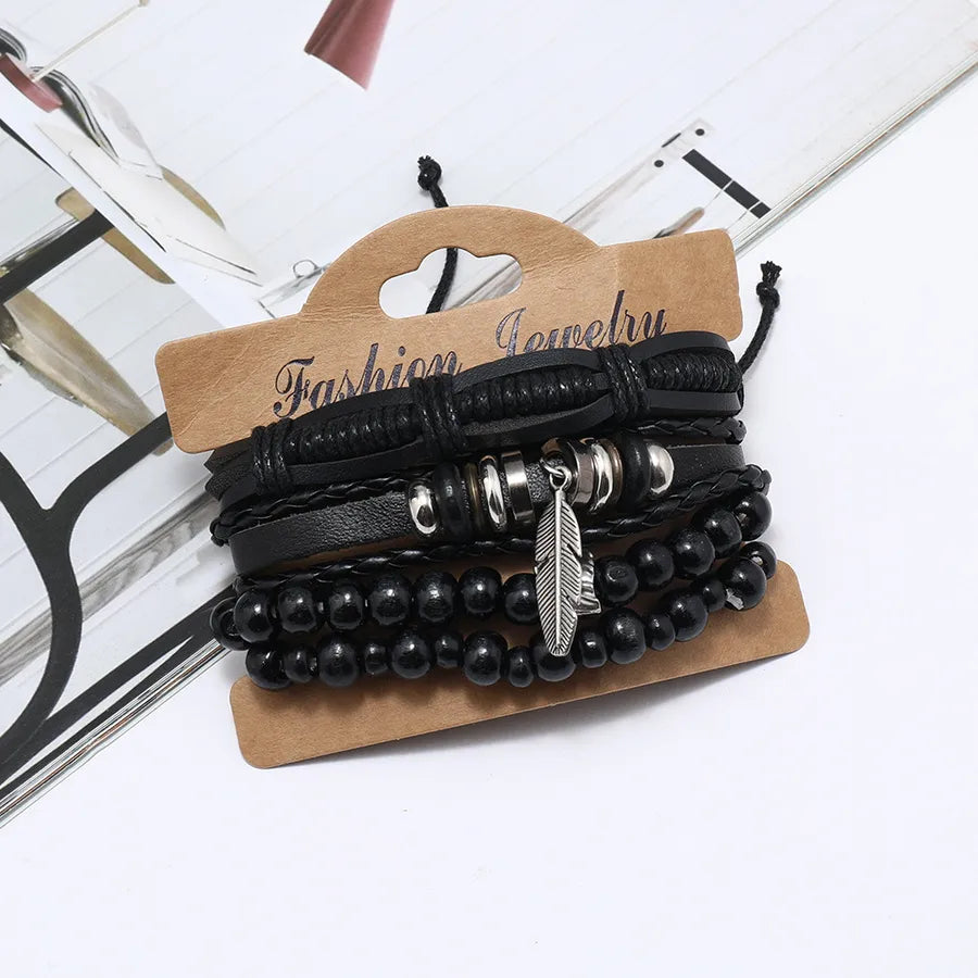 Retro Leaf Pu Leather Alloy Braid Men's Bracelets