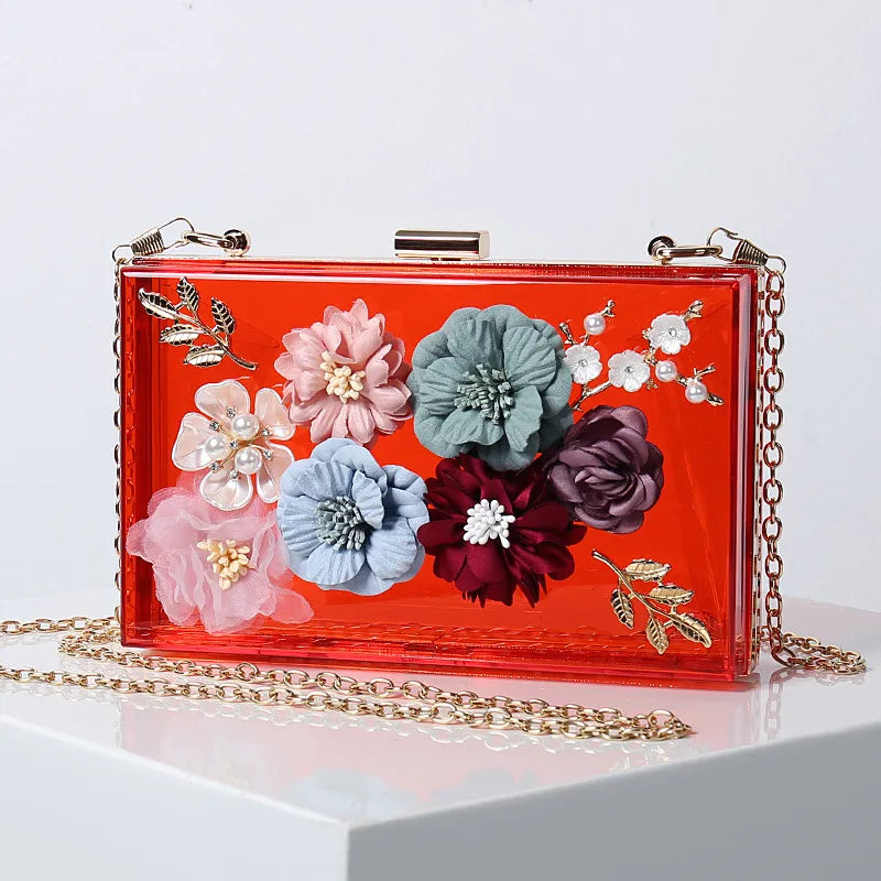 white blue black arylic flower square evening bags
