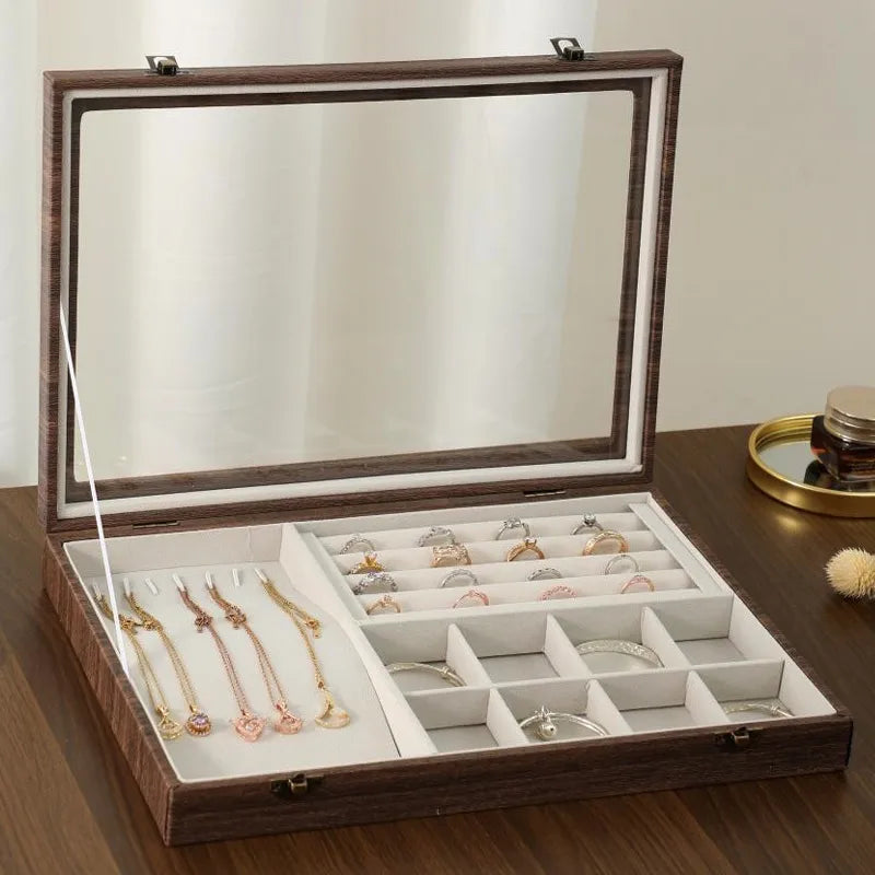 Retro Style Wooden Texture Leather Jewelry Box With Glass Lid Dustproof Storage For Rings Necklaces Bracelets Accessories Display
