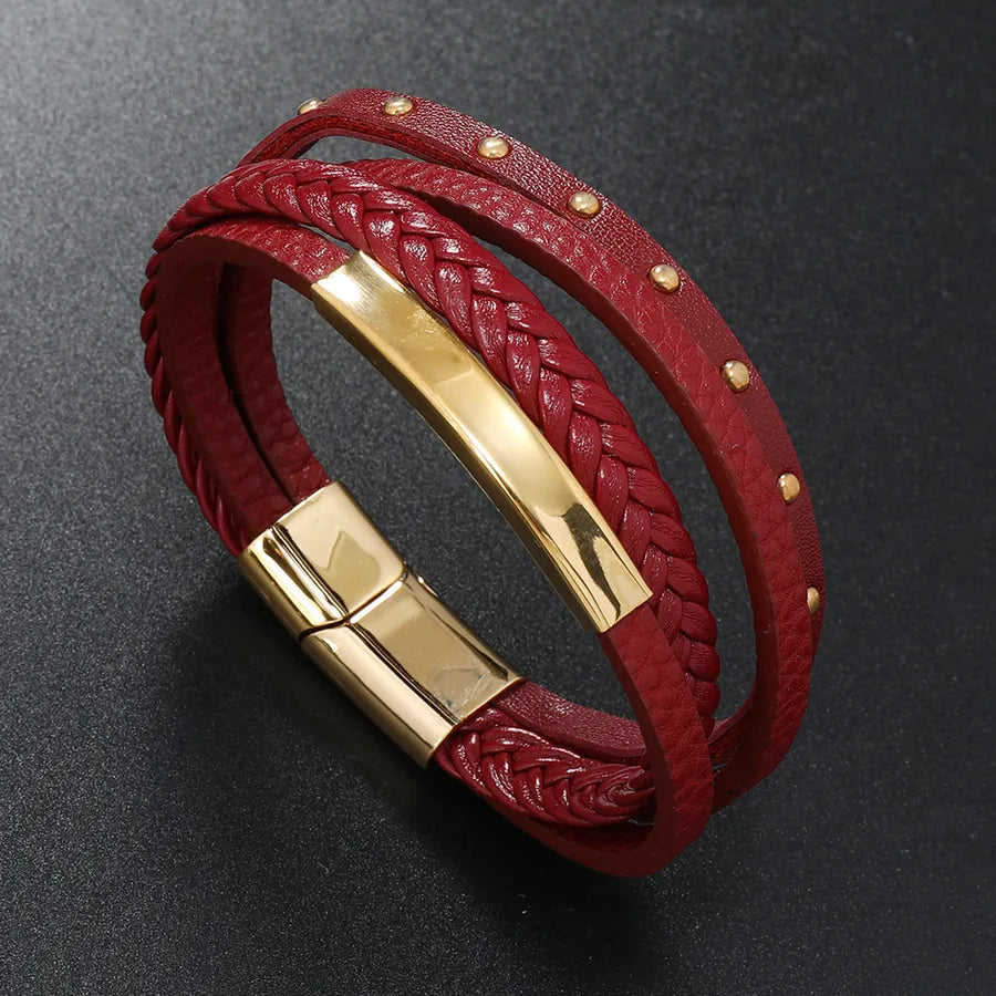 Retro Solid Color Stainless Steel Pu Leather Unisex Bracelets