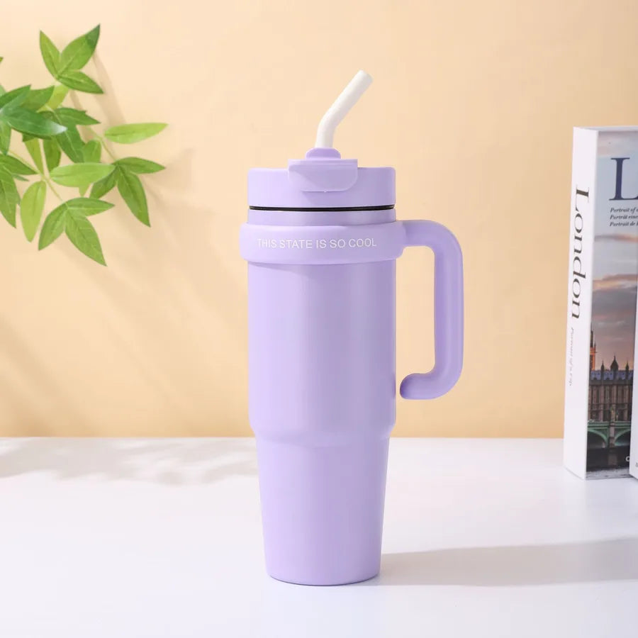 Giant 30Oz Handle Cup, 304 Stainless Steel Thermos Cup, Car Double Drinking Straw Large Ice Cup