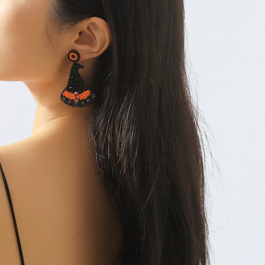 1 Pair Halloween Gothic French Style witch hat Beaded Bead Sequins Rhinestone Pu Bottom Drop Earrings