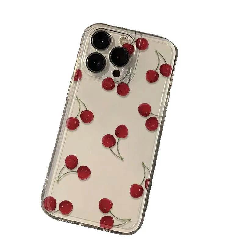 Thickened Transparent Protective Phone Case For iPhone 16 Pro Max Cherry Design Simple Style Anti-Fall Apple 15 Compatible