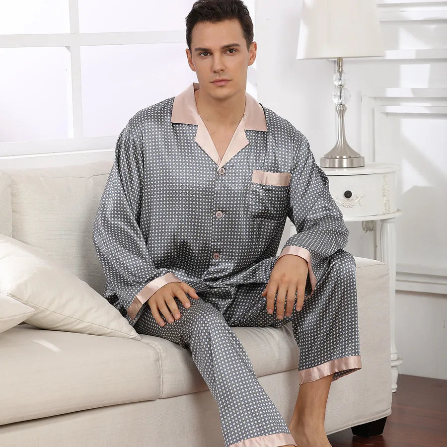 Home Outdoor Men's Vacation Simple Style Round Dots Imitated Silk Polyester Pants Sets Pajama Sets