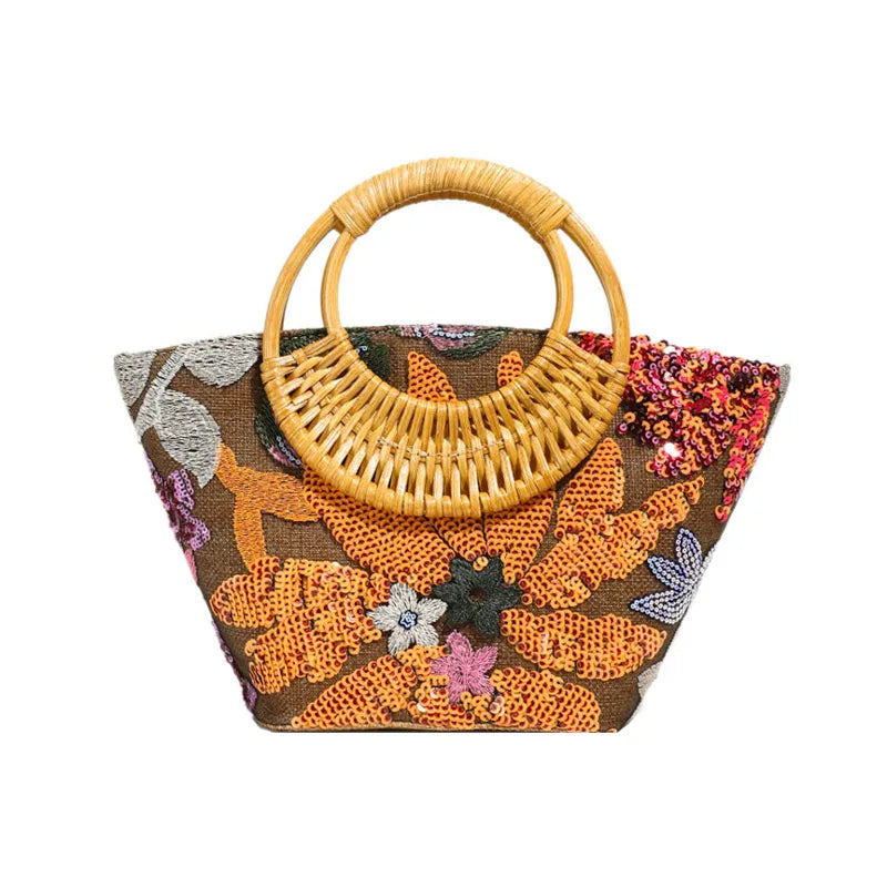 PVC Sequin Straw Bag High-end Niche Embroidered Bucket Bag Women's Bag Linen Bamboo Handbag Beach Bag