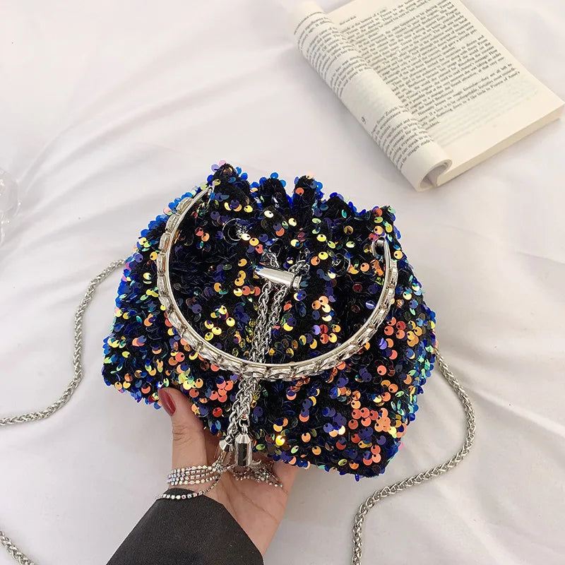 women's small spring&summer pu leather solid color fashion sequins bucket string bucket bag
