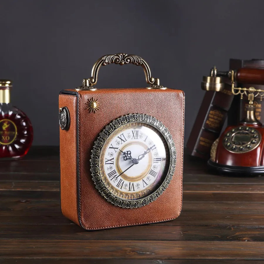 Women's Medium Pu Leather Clock Vintage Style Square Zipper Handbag