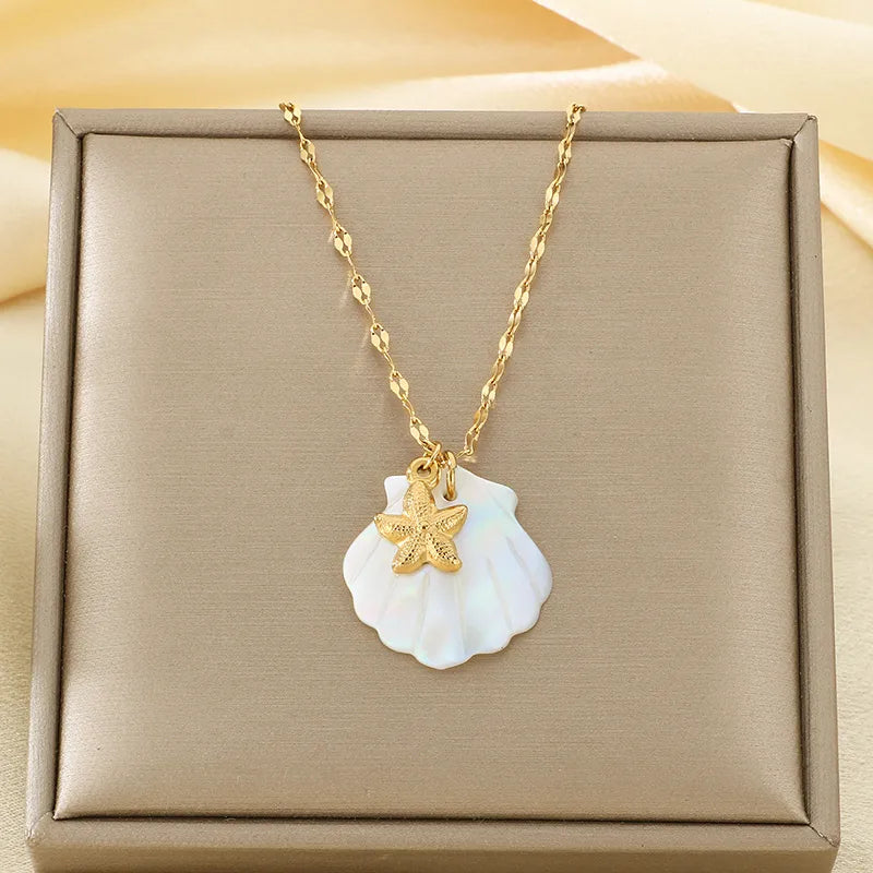 Wholesale Jewelry Marine Style Simple Style Tortoise Starfish Conch 304 Stainless Steel 18K Gold Plated coffee bean chain Pendant Necklace