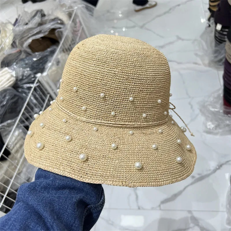 Handmade Laffey Grass Fishing Hat Women Summer Sun Protection Beach Hat Pearl Rhinestone Pot Hat Coastal Sand Beach Cap