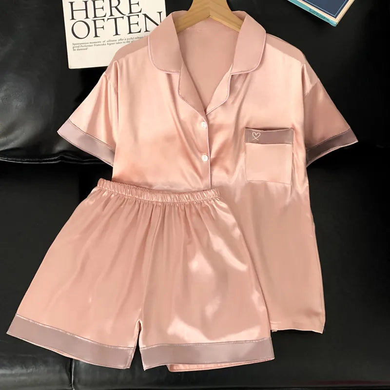 Home Women's Casual Heart Shape Satin Shorts Sets Pajama Sets