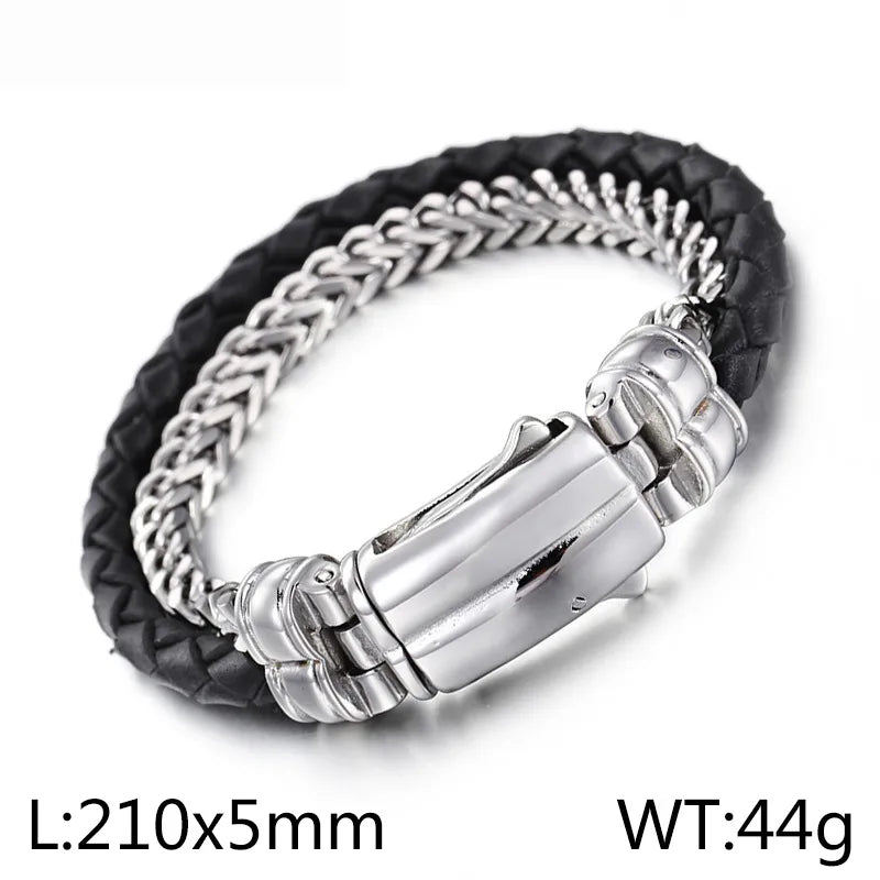 punk geometric pu leather titanium steel men's bangle