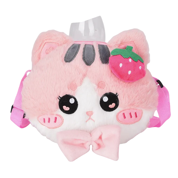 Girl'S Plush Cartoon Cat Cute Oval Zipper Functional Backpack Crossbody Bag
