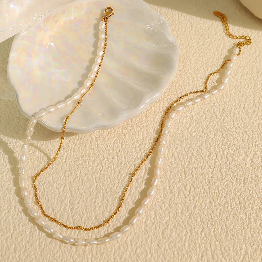 304 Stainless Steel Freshwater Pearl Ion Plating (IP) Beaded Chain cable chain Polishing Plating Geometric Double Layer Necklaces