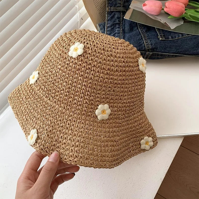 Summer Floral Straw Hat Foldable Sunscreen Fishing Cap Vacation Style Outing Hollow Weave Women's Hat Spring Season Print Design