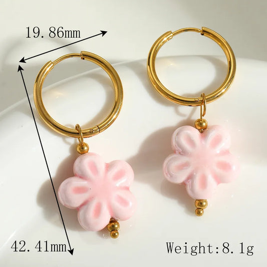 1 Pair Cute Romantic Artistic Flower Plating Inlay 304 Stainless Steel ceramics 18K Gold Plated Earrings