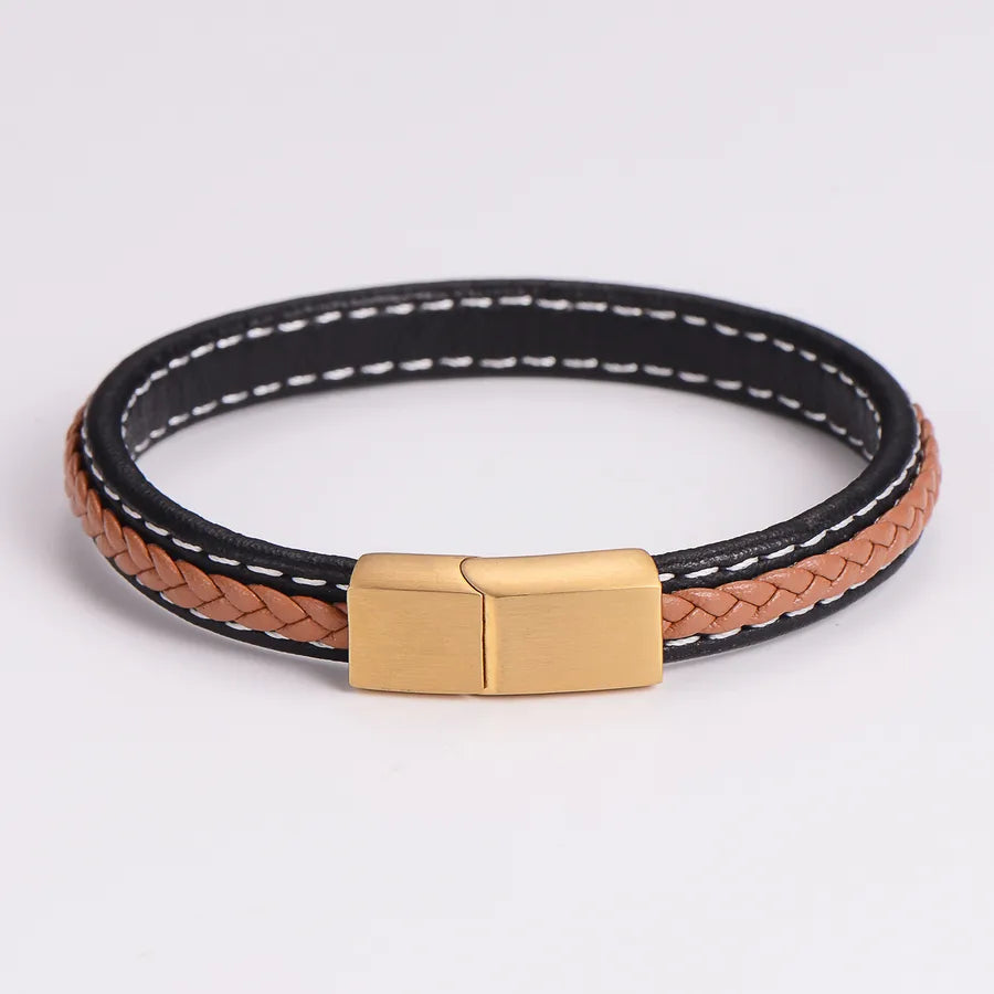Elegant Color Block 304 Stainless Steel Pu Leather Braid Men's Bracelets Men Cord & Leather Bracelets