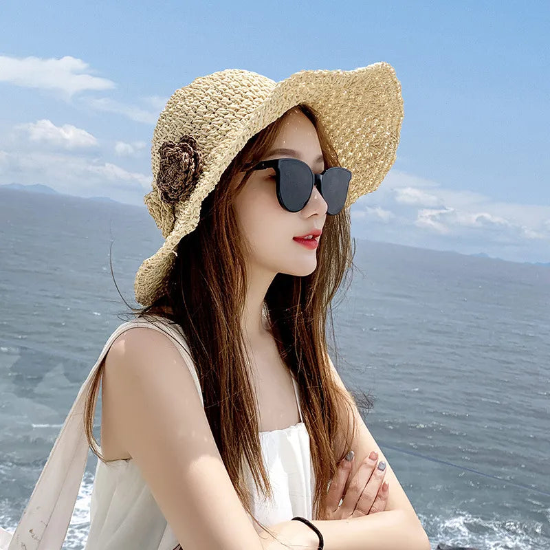 Women's Vacation Beach Simple Style Solid Color Flower Big Eaves Sun Hat Straw Hat