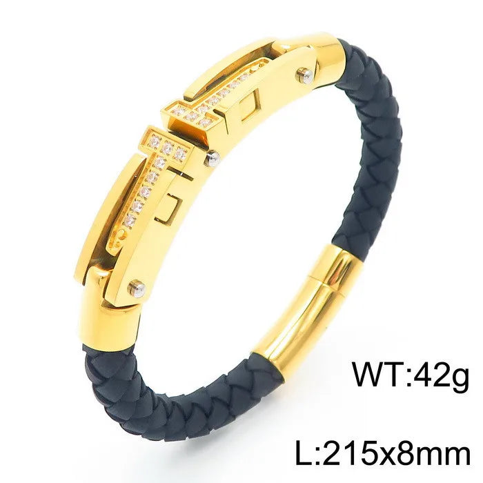 Hip-Hop Punk Geometric Color Block Titanium Steel Plating Inlay Rhinestones 18K Gold Plated Men's Bracelets