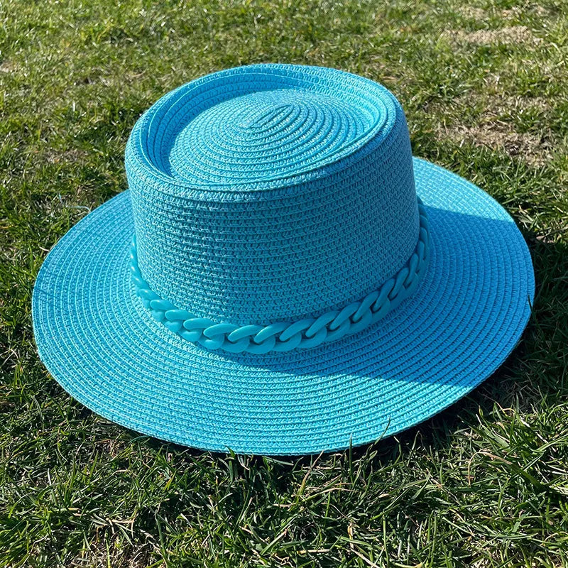 women's simple style solid color chain flat eaves sun hat