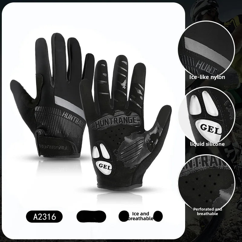 Outdoor Sports Bicycle Long Finger Gloves Touch Screen Nylon Breathable Liquid Silicone Shock Absorbing Spring and Summer Cycling Gloves