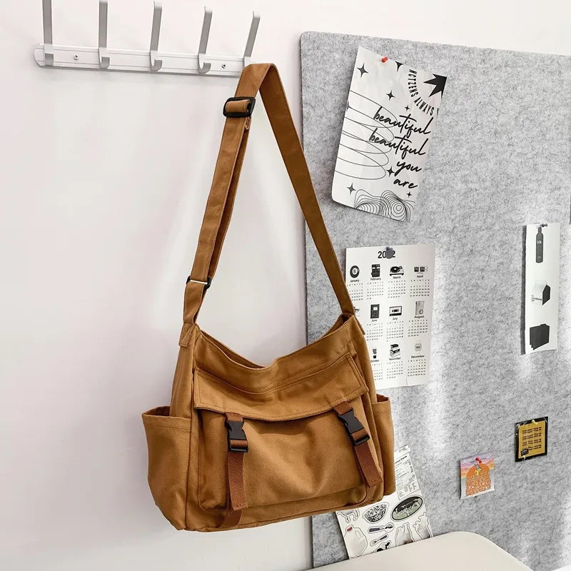 Vintage Casual Canvas Bag Women's Trendy Bag Large Capacity Crossbody Bag Travel Portable Shoulder Bag College Student Class Bag