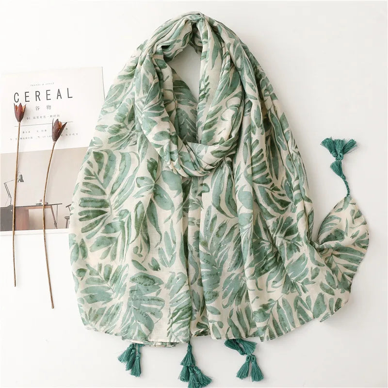 women's vacation leaf voile silk scarves