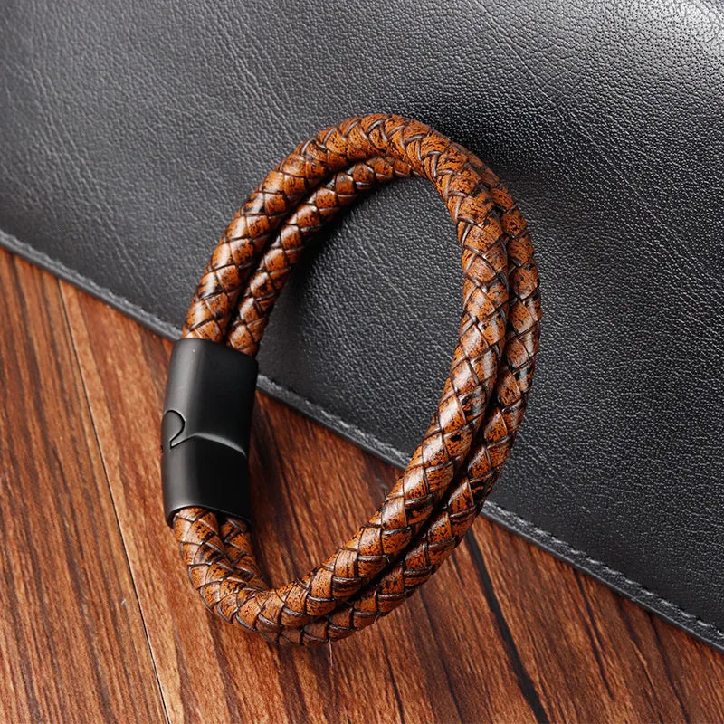 Vintage Style Classic Style Geometric Pu Leather Titanium Steel Woven Chain Wrap Bracelets Wholesale