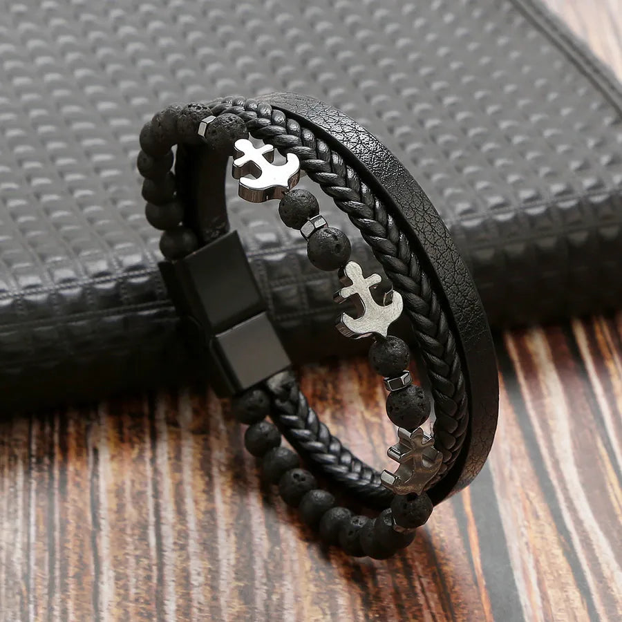 Casual Simple Style Anchor Pu Leather Beaded Men's Bangle