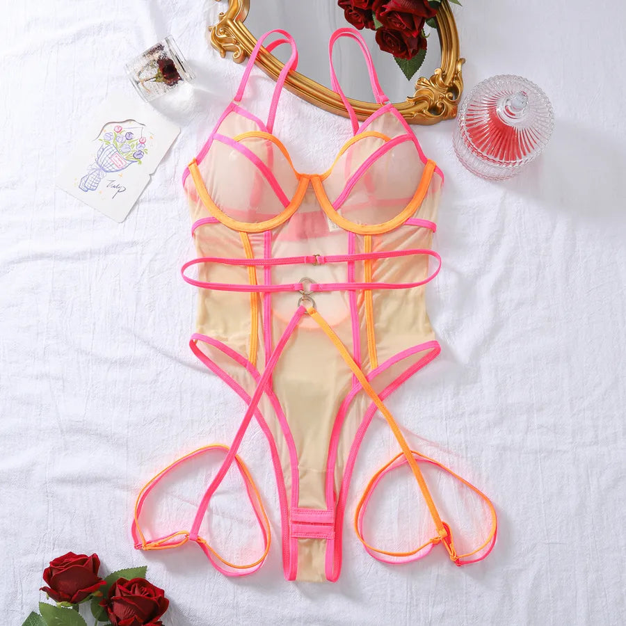 Women's Lady Sexy Color Block Sexy Lingerie Sets Indoor Home Jumpsuit Sexy Lingerie