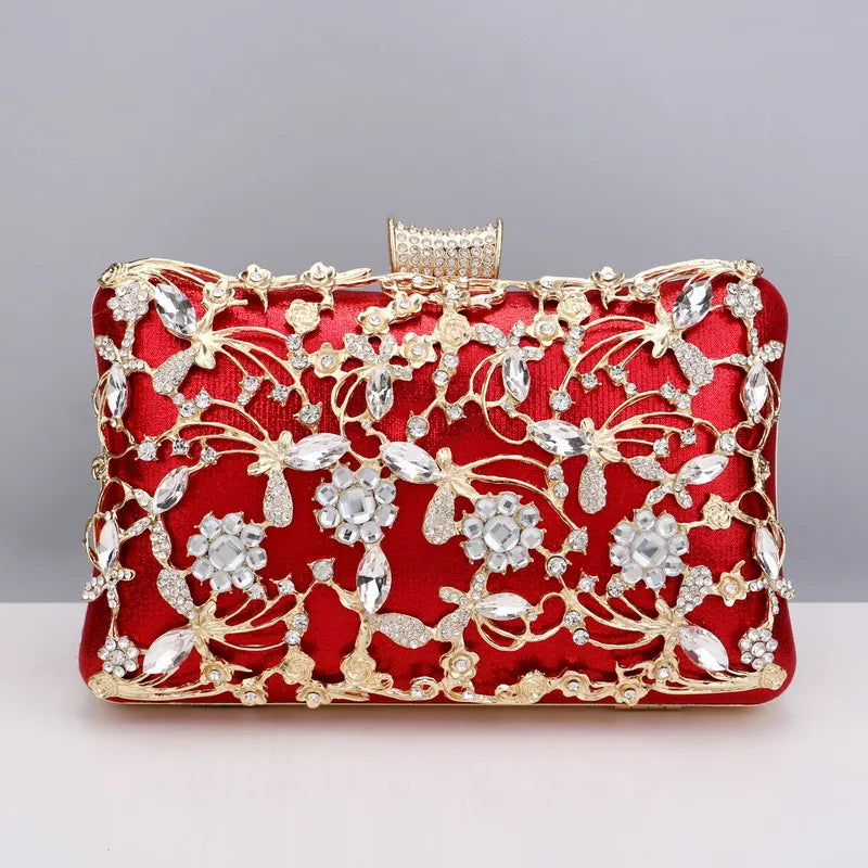 black gold silver pu leather flower rhinestone square clutch evening bag