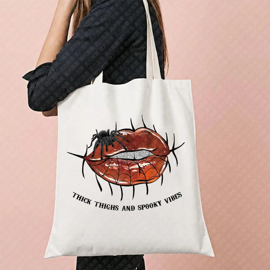 Scary Cat Halloween Pumpkin Pattern Canvas Tote Bag Reusable Shopping Bag Large Square Shape Double Shoulder Strap Tote Bag