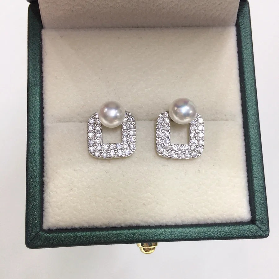 Zhuji high quality Natural Freshwater Pearl Earrings for Women Exquisite Micro-inlaid Zircon Geometric Square Fashion Pearl Earrings