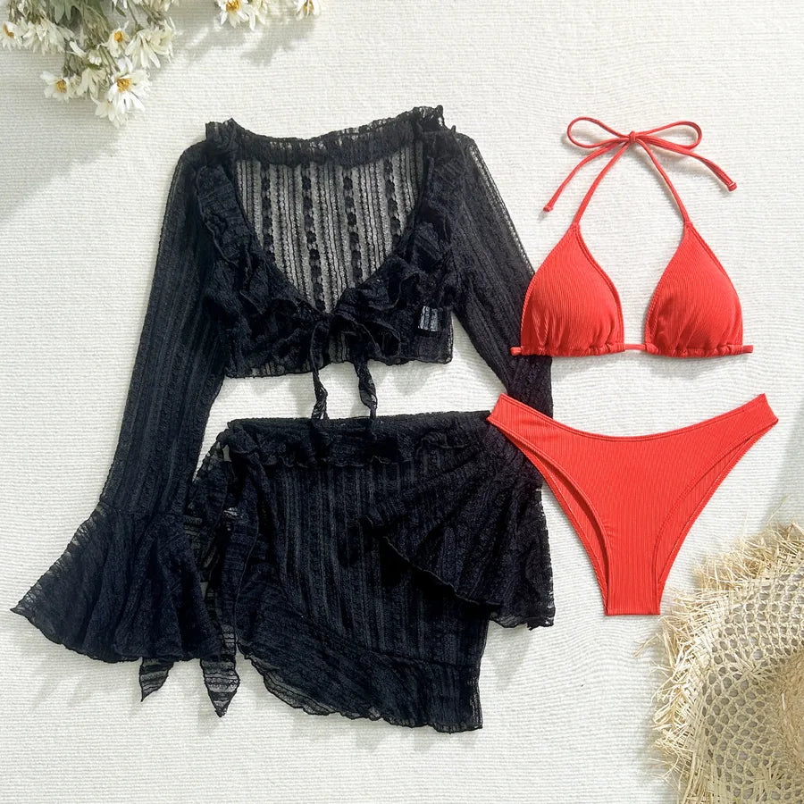 Women's Sexy Solid Color 4 Pieces Set Bikinis Swimwear