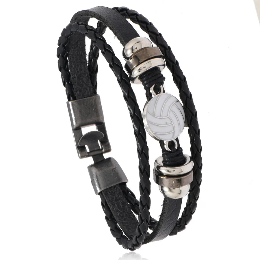 Retro Baseball Basketball Football Pu Leather Alloy Braid Men's Bracelets