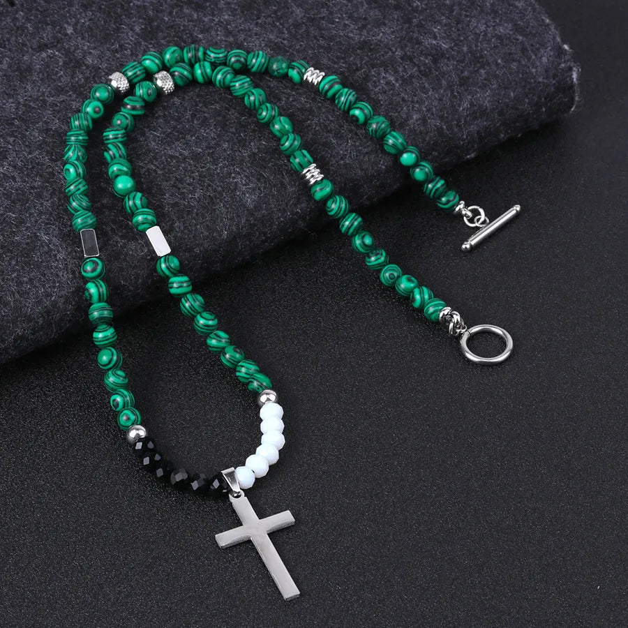 Simple Style Classic Style Cross natural stone Titanium Steel Beaded Polishing Men's Pendant Necklace