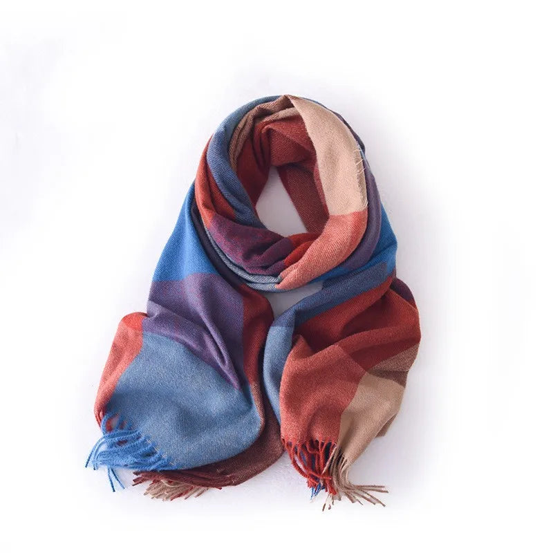 women's retro plaid imitation cashmere tassel winter scarves